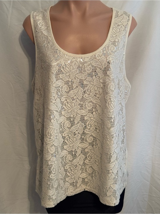 Vanity Tops - Ivory Lace Overlay & Sequined Sleeveless Scoop Neck Racer Back Tank Top